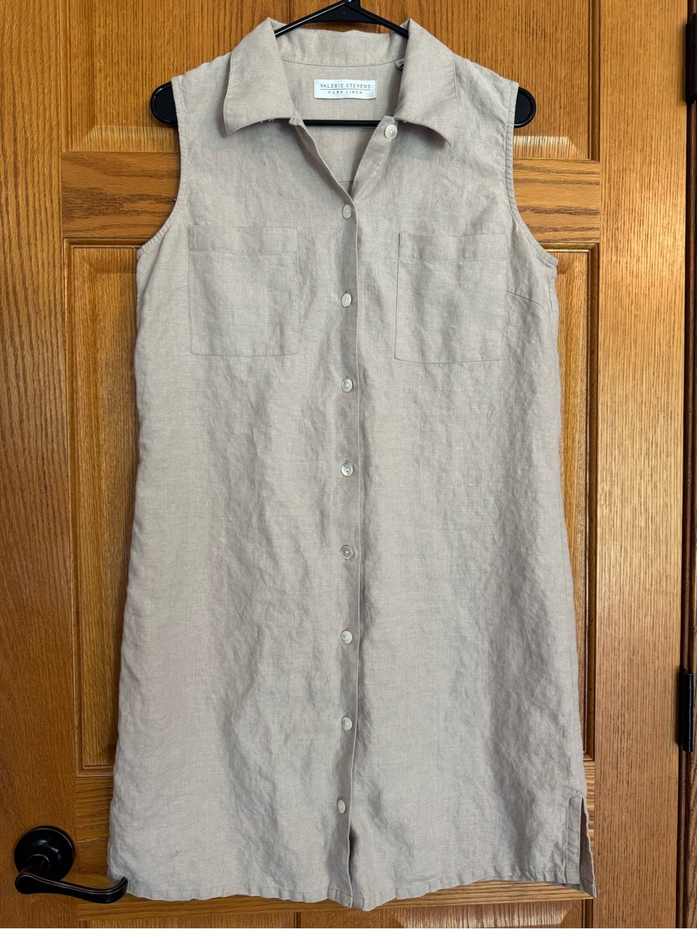 Valerie Stevens Pure Linen Dress 14 Beige Button Front Sleeveless Midi